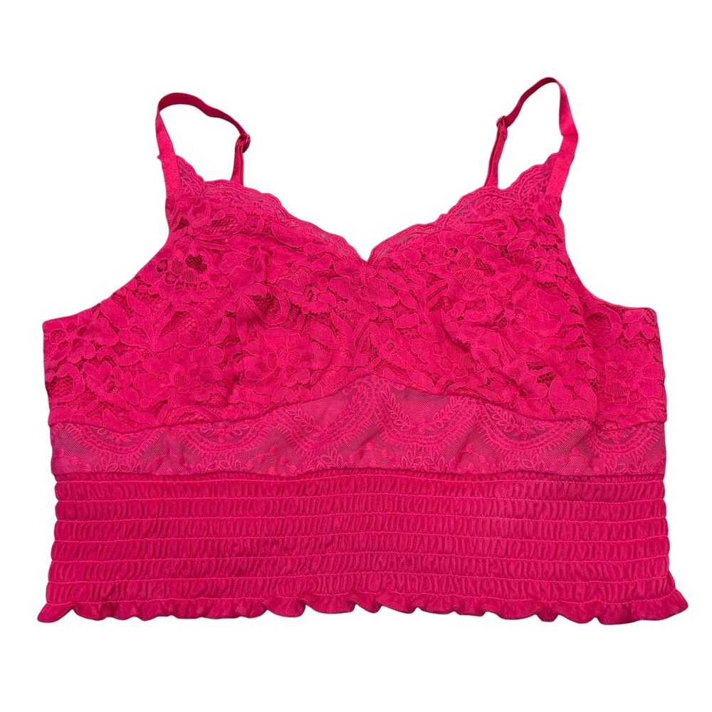 Torrid Lace Smocked Crop Top Pink Peacock Floral Adjustable Straps M/L NWT - Picture 3 of 7